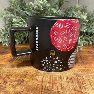 Starbucks Holiday Christmas Coffee Mug Cup With Ornaments Black White Red 14oz